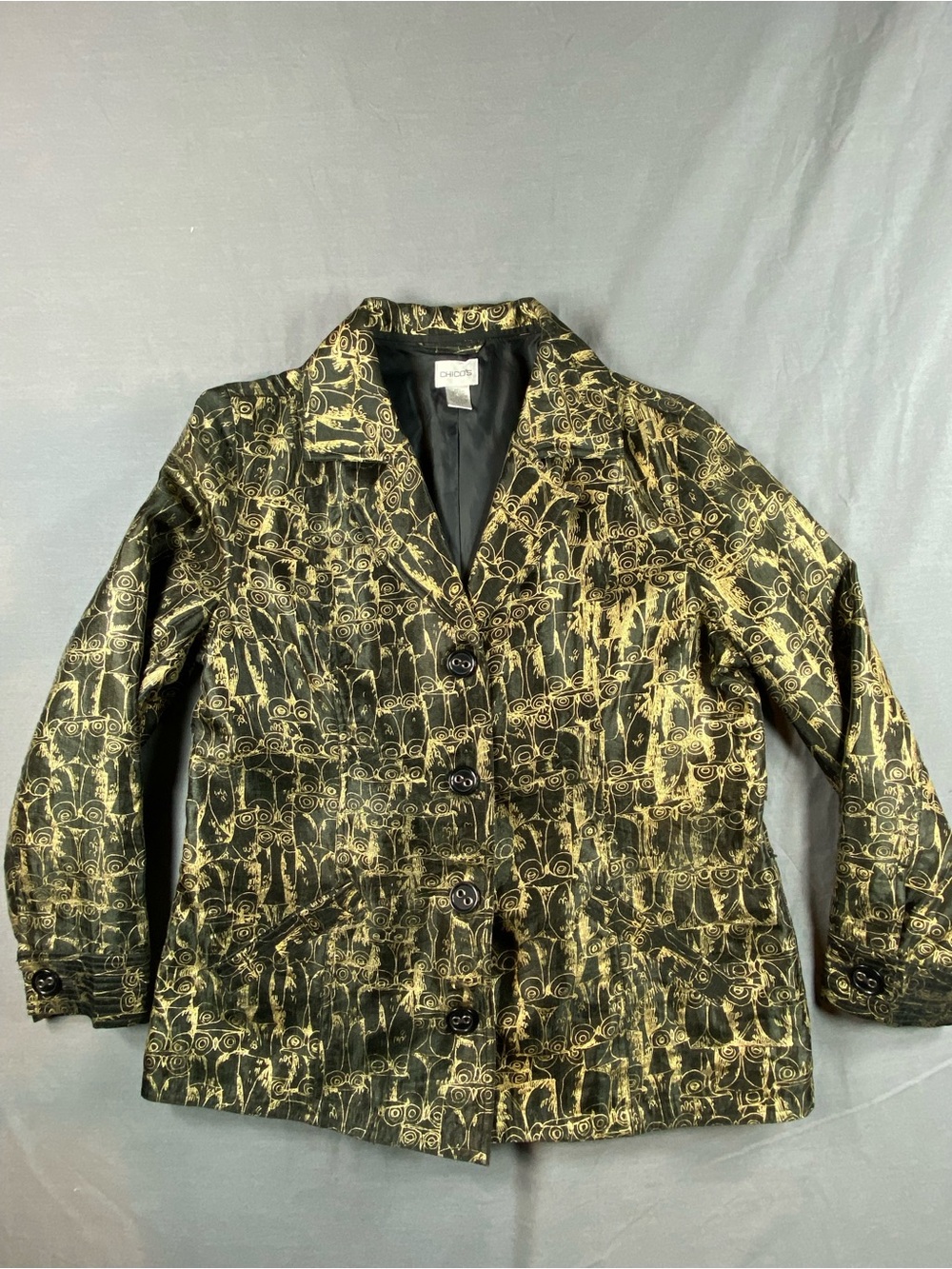 Chico's Black and Gold Owl Printed Button-Front Blazer
